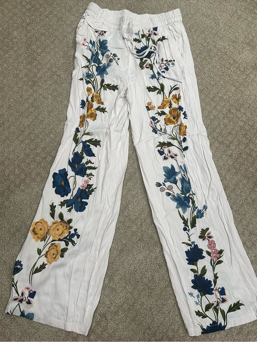 Anthropologie White Wide-Leg Pants with Blue, Yellow & Green Floral Trim